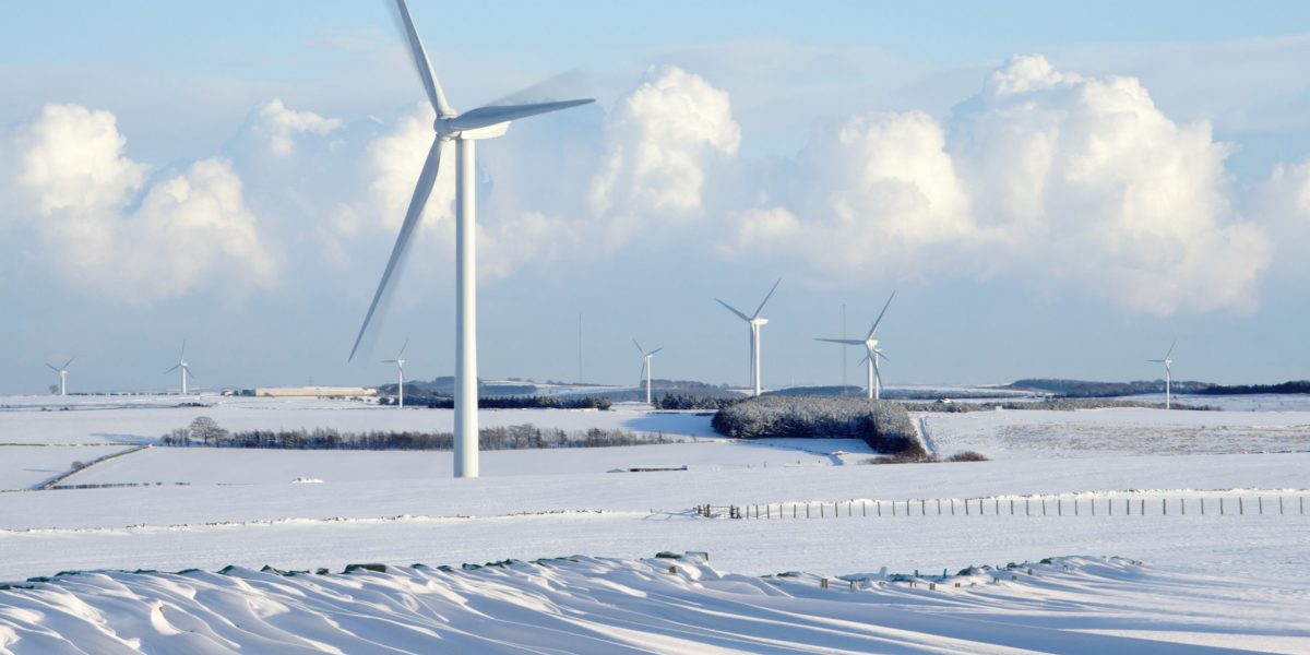 Several windmill in a snowy terrain